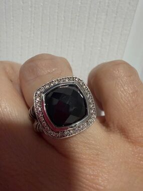 David Yurman Albion Silver Ring with Black Onyx and Pavé Halo SZ7
